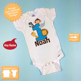 Boy's Jungle Theme Birthday Onesie with Name, 1st Birthday bodysuit for One Year Old, Personalized Jungle Birthday Theme 01222013a