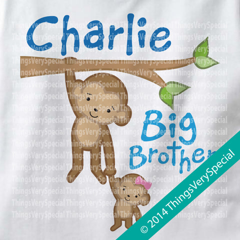 Personalized Big Brother Monkey Design with Little Sister Monkey on Tee Shirt or Onesie 01292014GBB