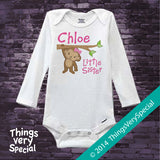 Personalized Little Sister Monkey Design with Pink Lettering on Tee Shirt or Onesie 01292014g