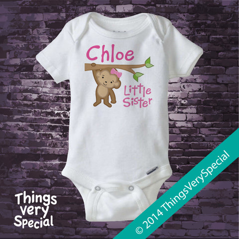 Personalized Little Sister Monkey Design with Pink Lettering on Tee Shirt or Onesie 01292014g