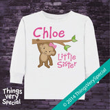 Personalized Little Sister Monkey Design with Pink Lettering on Tee Shirt or Onesie 01292014g