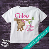 Personalized Little Sister Monkey Design with Pink Lettering on Tee Shirt or Onesie 01292014g