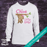 Personalized Little Sister Monkey Design with Pink Lettering on Tee Shirt or Onesie 01292014g