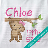 Personalized Little Sister Monkey Design with Pink Lettering on Tee Shirt or Onesie 01292014g