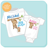 Big Brother Little Sister Shirt set of 2 - Sibling Shirt - Personalized Tshirt with Cute Monkeys 01292014g