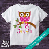 Owl Eighth Birthday shirt for girls, short or long sleeve 100% cotton t-shirt 02032014c