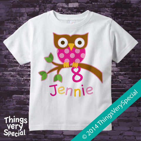Owl Eighth Birthday shirt for girls, short or long sleeve 100% cotton t-shirt 02032014c
