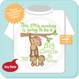 This Little Monkey is Going to Be A Big Cousin to twins Shirt with due date, Pregnancy Announcement 02092015b
