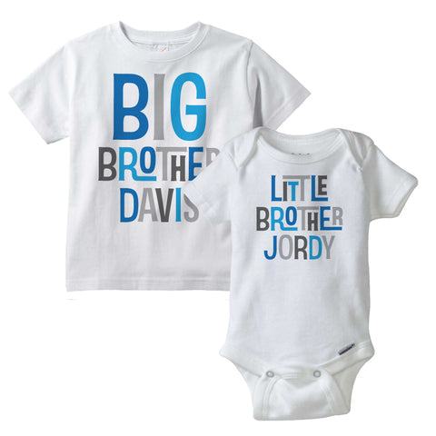 Matching Sibling set, Big Brother and Little Brother Shirt and Onesie Bodysuit with Blue an Grey lettering 02102014d