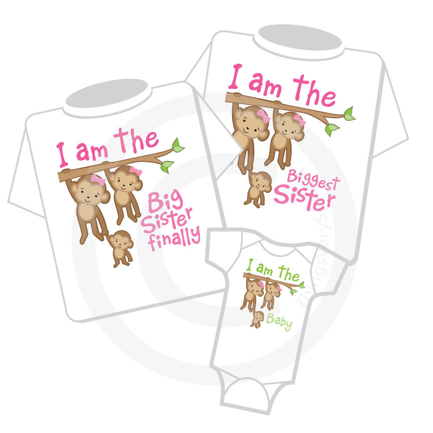 Sibling Monkey Shirt Set, Set of Three, Biggest Sister Shirt, Big
