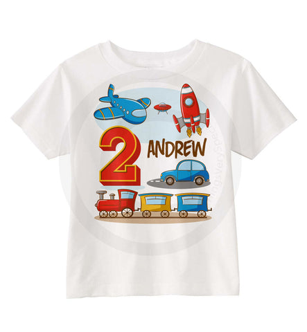 Transportation Birthday Shirt for Boys with Plane Train Car and Rocket