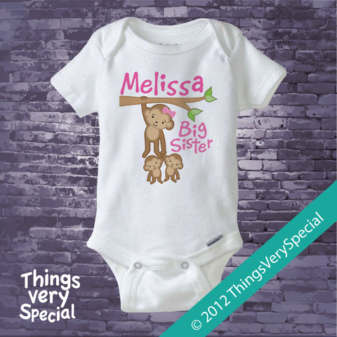 Monkey Big Sister To Twins Shirt or Onesie Bodysuit, personalized with big sister name 03012012c