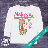 Monkey Big Sister To Twins Shirt or Onesie Bodysuit, personalized with big sister name 03012012c
