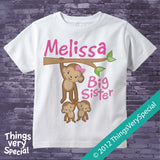 Monkey Big Sister To Twins Shirt or Onesie Bodysuit, personalized with big sister name 03012012c