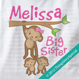Monkey Big Sister To Twins Shirt or Onesie Bodysuit, personalized with big sister name 03012012c