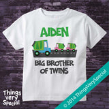 Big Brother to Twin Girls Garbage Truck Design on Tee shirt or Onesie Bodysuit 05302014c