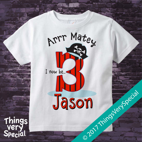 Three Year Old Boy's Pirate Birthday Shirt, 100% Cotton, Short or Long Sleeve