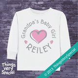 Grandpa's Baby Girl Tee Shirt or Onesie Bodysuit with child's name and pink heart 06102013b