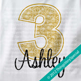 3rd Birthday shirt for 3 year old girl, Personalized golden number third birthday Shirt 06162012a