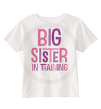 Big Sister in Training Shirt with pink and purple letters.