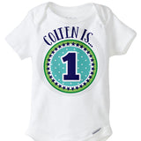 Boy's First Birthday Onesie Bodysuit with blue and green design.