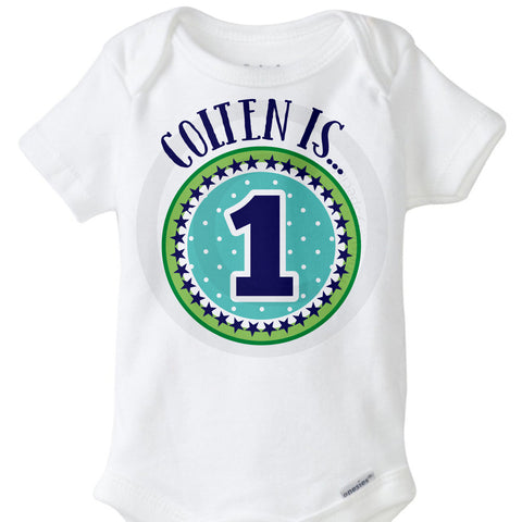 Boy's First Birthday Onesie Bodysuit with blue and green design.
