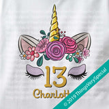Girl's Unicorn Thirteenth Birthday Tee Shirt, Personalized