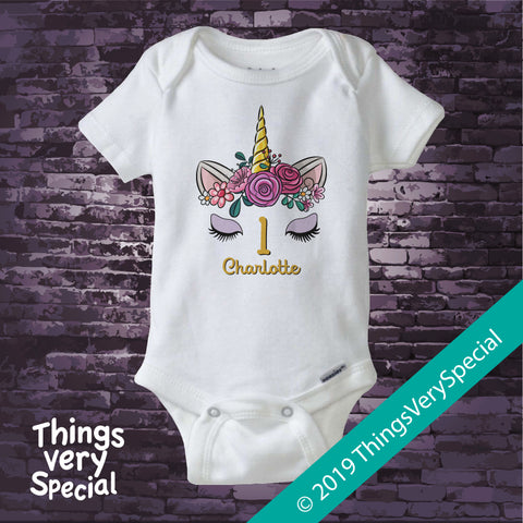 Girl's Unicorn First Birthday Tee Shirt or Onesie Bodysuit, Personalized