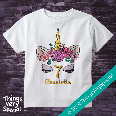 Girl's Unicorn Seventh Birthday Tee Shirt, Personalized