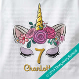Girl's Unicorn Seventh Birthday Tee Shirt, Personalized