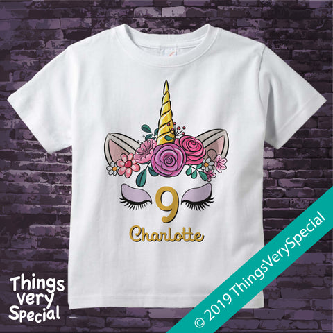 Girl's Unicorn Ninth Birthday Tee Shirt, Personalized