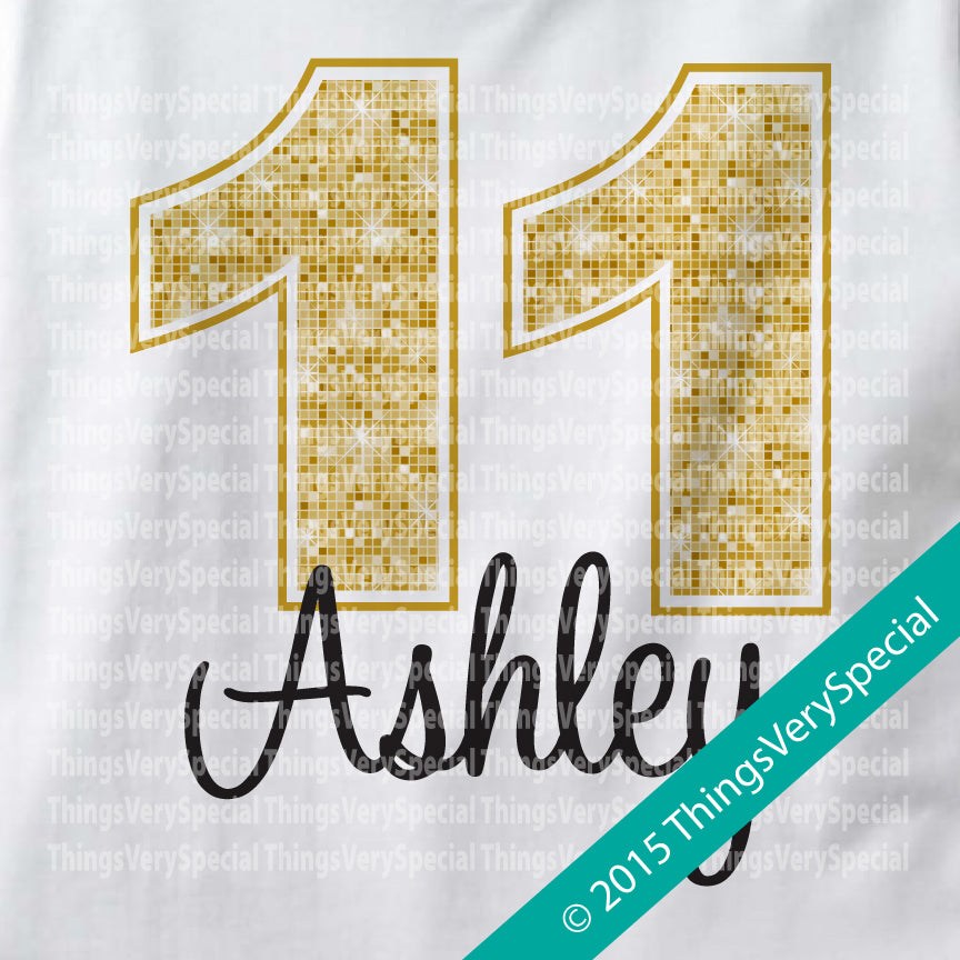 Eleventh Birthday Shirt, Golden 11th Birthday t-Shirt, Any Age Personalized Girls Birthday Shirt Gold Color Age and Name Tee 09042015a