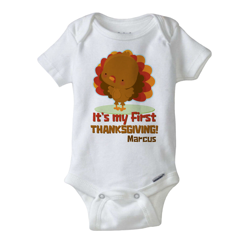 It s My First Thanksgiving Onesie Bodysuit in Short or Long Sleeve Personalized with Child s Name 11042015a