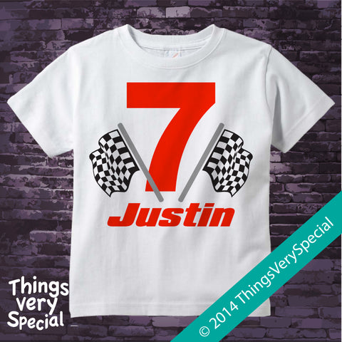 7th Birthday Checkered Flag - Racer Birthday Shirt - Personalized Birthday Boy Racing Theme Tee Shirt 12092014c