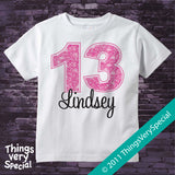 Girl's Thirteenth Birthday Shirt with big Pink number 12122011b