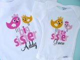 Big Sister Little Sister set of 2, Personalized Tshirt and Bodysuit set with Cute Pink and Orange Birdies 12222011a