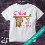 Personalized Little Sister Monkey Design with Pink Lettering on Tee Shirt or Onesie 01292014g