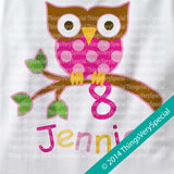 Owl Eighth Birthday shirt for girls, short or long sleeve 100% cotton t-shirt 02032014c