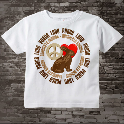 Easter Shirt for Children, Peace Love Chocolate Shirt with Chocolate Easter Bunny 02112015c