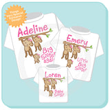 Sibling set of three, Big Sister Again, Little Big Sister and Baby Sister Outfits, Personalized Monkey shirt set 02142014e