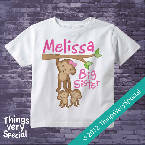 Monkey Big Sister To Twins Shirt or Onesie Bodysuit, personalized with big sister name 03012012c