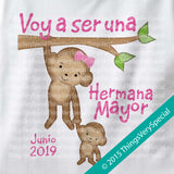 Monkey Big Sister Onesie Bodysuit with due date in Spanish Hermana Mayor 100% Cotton in short or long sleeve 03182015h