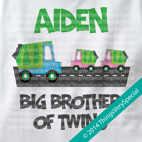 Big Brother to Twin Girls Garbage Truck Design on Tee shirt or Onesie Bodysuit 05302014c