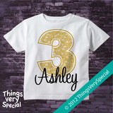 3rd Birthday shirt for 3 year old girl, Personalized golden number third birthday Shirt 06162012a