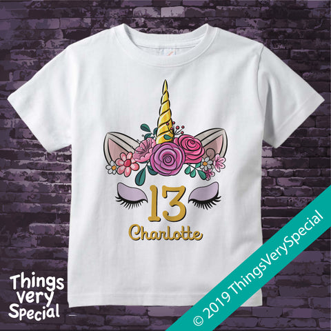 Girl's Unicorn Thirteenth Birthday Tee Shirt, Personalized