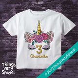 Girl's Unicorn Third Birthday Tee Shirt or Onesie Bodysuit, Personalized