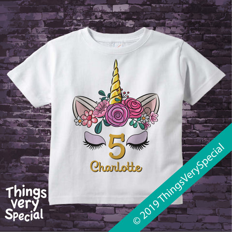 Girl's Unicorn Fifth Birthday Tee Shirt, Personalized