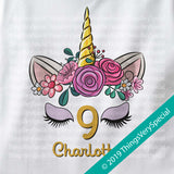 Girl's Unicorn Ninth Birthday Tee Shirt, Personalized