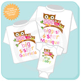 Set of three Matching Sibling Outfits - Biggest Sister - Big Sister - The Baby - Owl Matching Siblings 09212012a