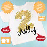 Second Birthday Shirt, Golden 2 Birthday Shirt, Personalized Girls Birthday Gold Color Age and Name Tee 10022013a